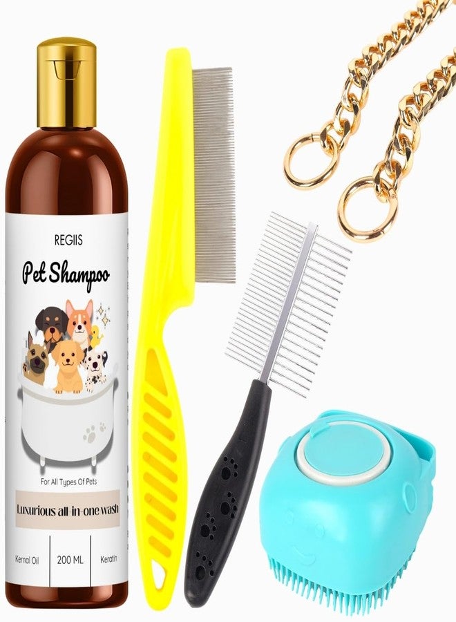 مجموعة العناية بالحيوانات الأليفة، مجموعة شامبو للكلاب مكونة من 5 قطع مع غسول غني بالكيراتين سعة 200 مل، أمشاط معدنية، فرشاة سيليكون، سلسلة ذهبية لجميع أنواع الحيوانات الأليفة (عبوة من 5 قطع) - Image 1